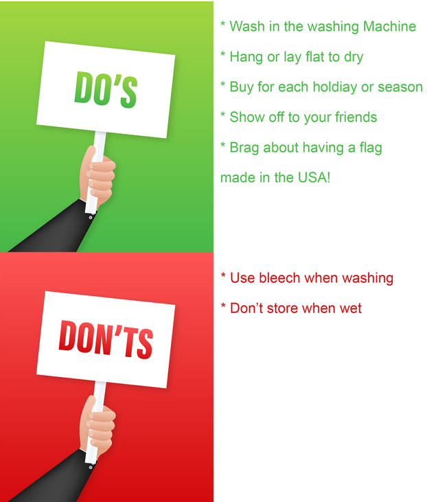 House flag care instructions card: DO'S and DON'TS, wash and dry guidance