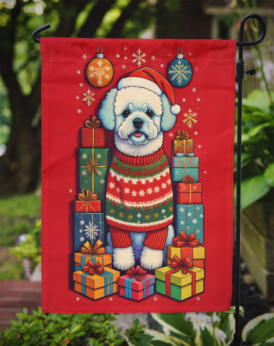Holiday garden flag on a metal stand, red design with white dog in Santa hat and gifts