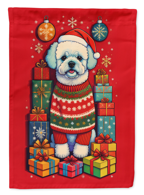 Red holiday garden flag featuring a white dog in winter sweater with ornaments and gifts