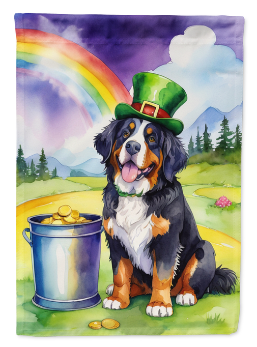 Garden flag with Bernese mountain dog, rainbow, gold pot, and green leprechaun hat