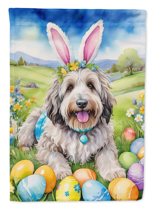 Easter garden flag panel with a sheepdog portrait and colorful Easter eggs at the bottom