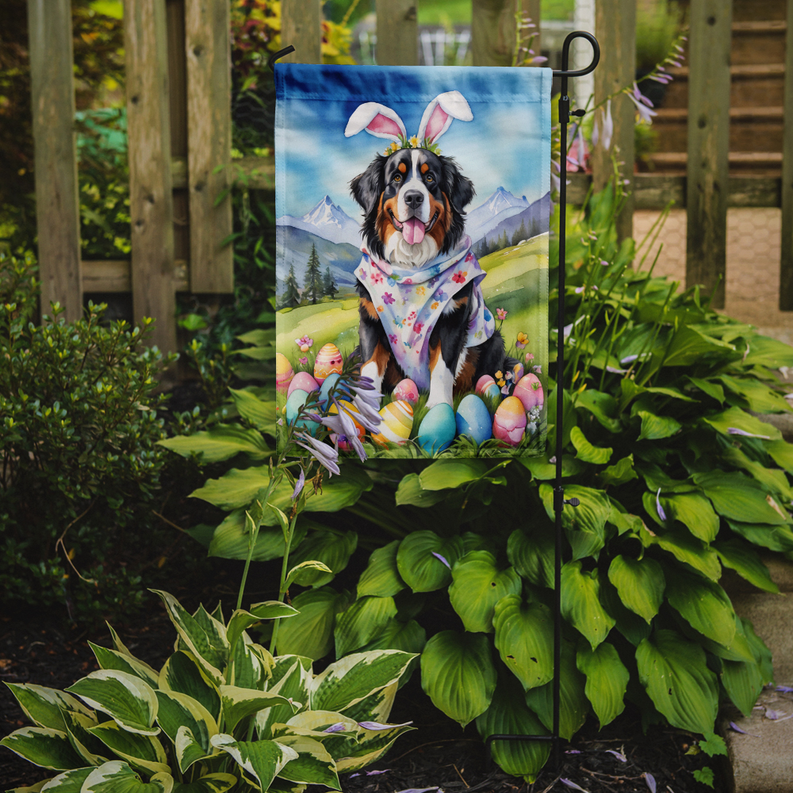 Easter garden flag featuring a Bernese mountain dog with Easter eggs and flowers on a stake