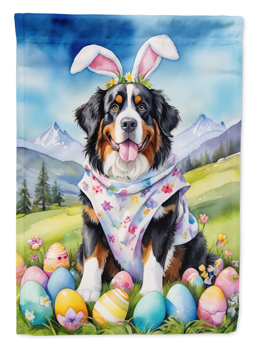 Easter garden flag showing a Bernese mountain dog in a floral scarf with Easter eggs