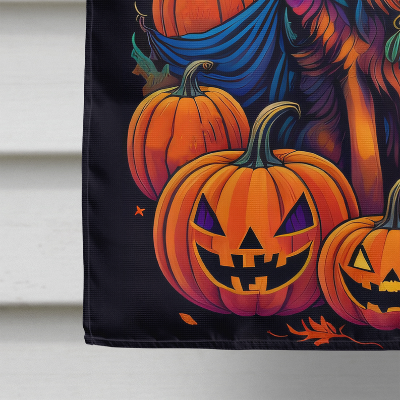 Halloween house flag close-up of jack-o'-lanterns and swirling orange pumpkins