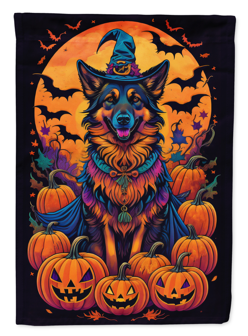 Witch-themed Halloween house flag featuring howling dog, pumpkins, and orange moon