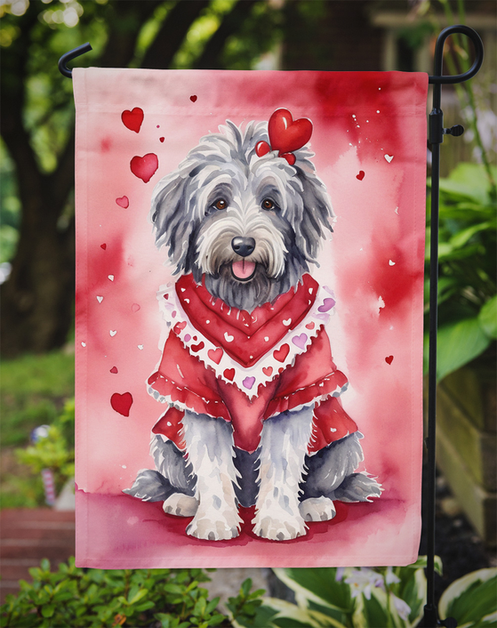 Valentine garden flag close-up of gray-and-white sheepdog in red heart bandana