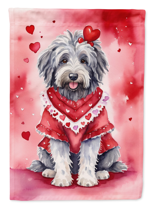 Valentine garden flag featuring gray-and-white sheepdog in red outfit with hearts
