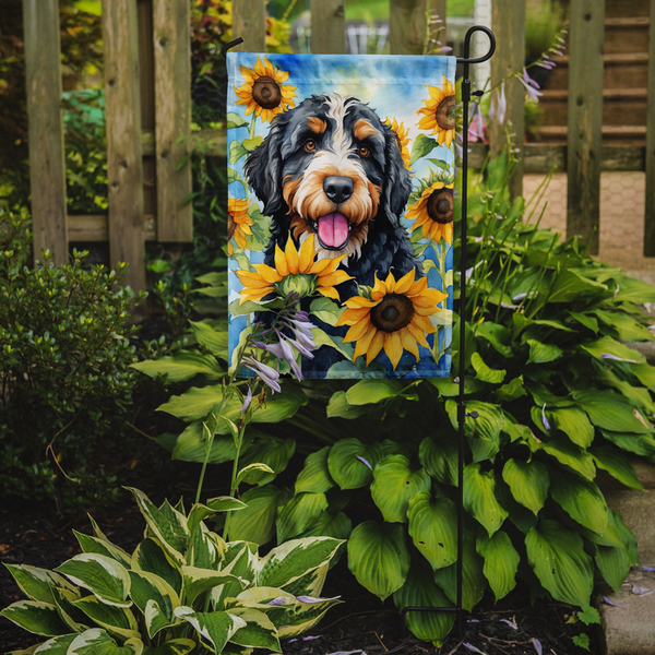 Garden flag with Bernedoodle dog in sunflower garden illustration, hanging with metal hook