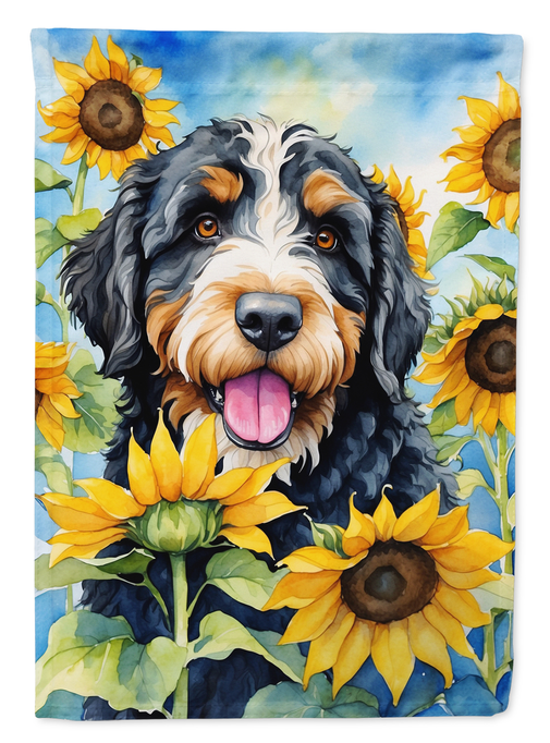 Garden flag featuring Bernedoodle dog face and bright yellow sunflowers design