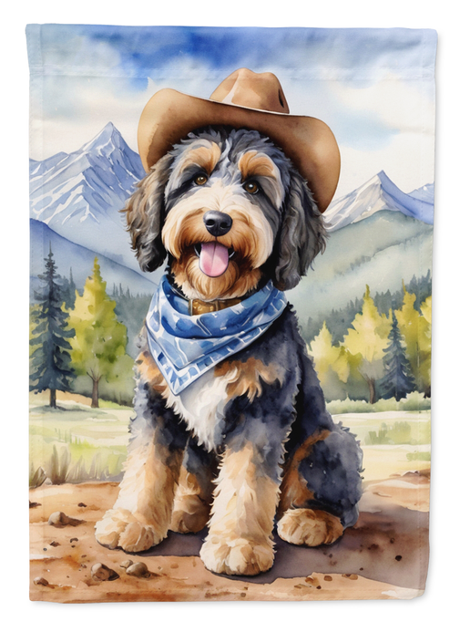 Cowboy dog garden flag with mountains background and blue bandana scarf design