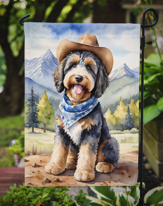 Cowboy dog garden flag on metal stake, blue bandana and hat portrait design