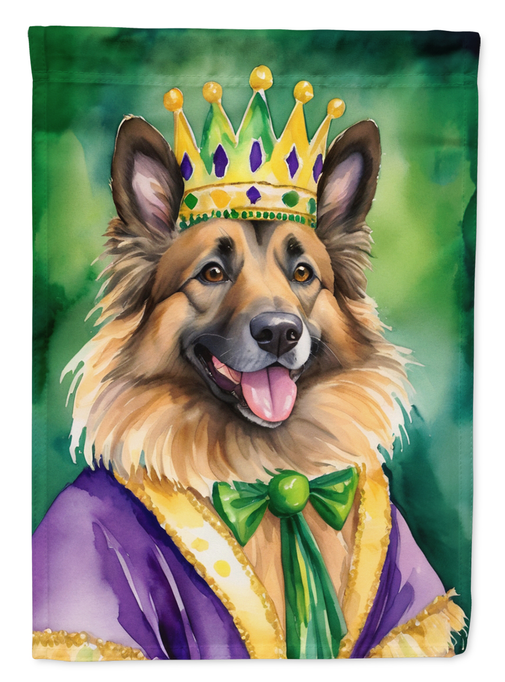 Garden flag with Belgian Tervuren dog portrait, purple coat, and green bow