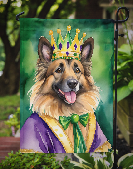 Garden flag close-up of Belgian Tervuren dog wearing gold crown and green bow tie