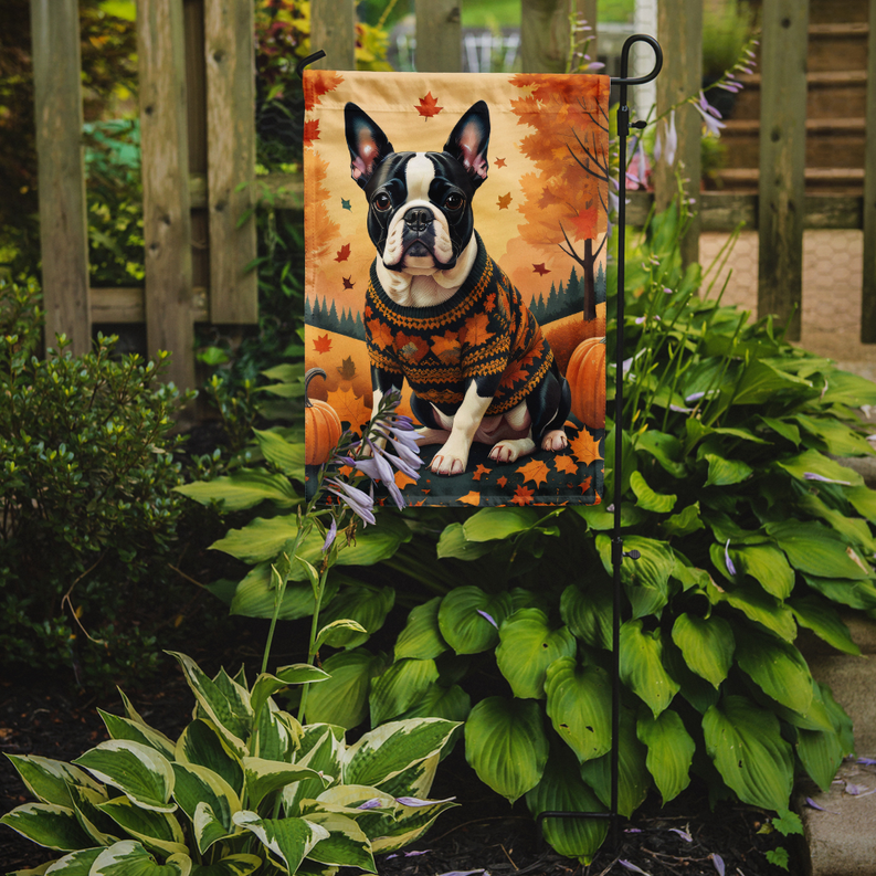 Boston Terrier fall garden flag featuring black-and-white dog illustration hanging in garden