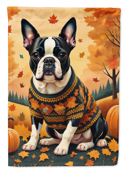 Boston Terrier fall garden flag close-up of black-and-white dog with autumn leaves