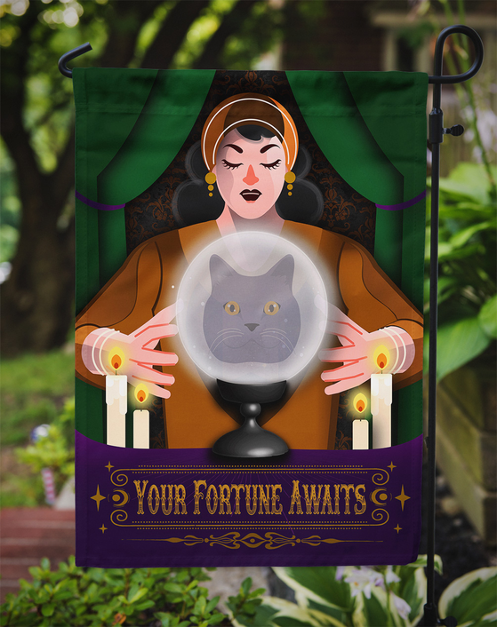 Halloween garden flag with fortune teller, gray cat in orb, 'Your fortune awaits' banner