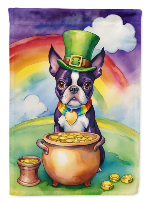 Boston terrier garden flag with green hat and bow, cauldron of coins, and rainbow