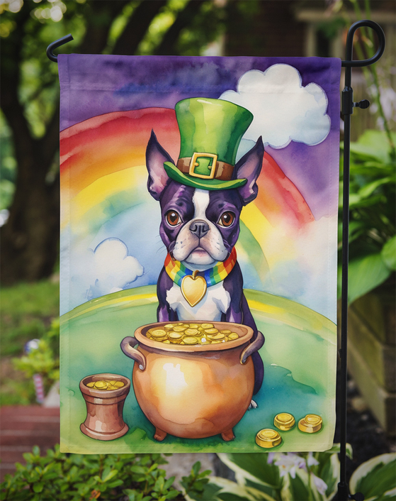Boston terrier St Patrick's garden flag with rainbow sky, green hat, and gold coins