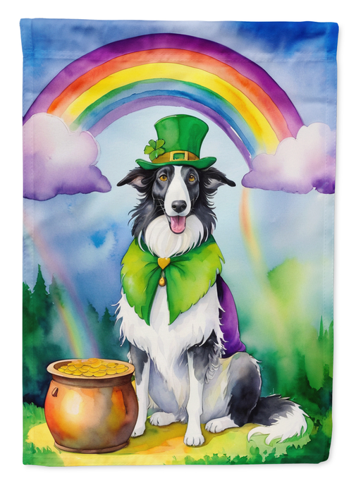 St Patrick’s Day garden flag: rainbow, green hat borzoi, pot of gold
