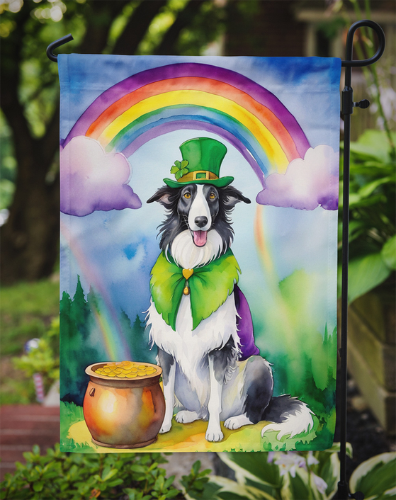 St Patrick’s Day garden flag: rainbow arch, green hat borzoi, gold pot