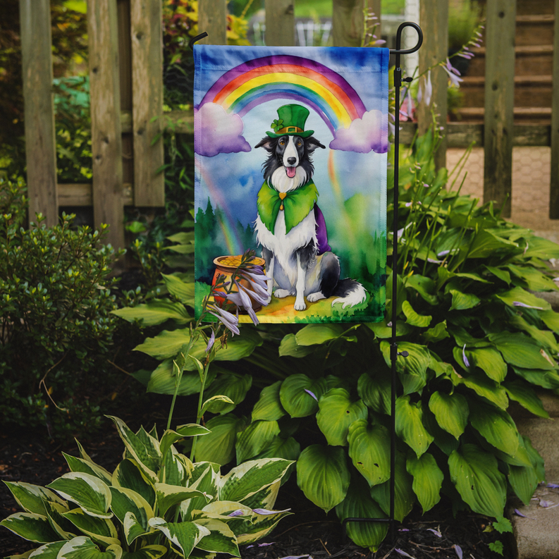 Garden flag hanging outdoors: rainbow, green hat borzoi, pot of gold