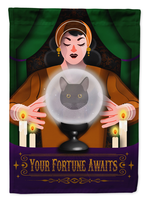 Halloween garden flag front showing witch holding glowing cauldron with gray cat