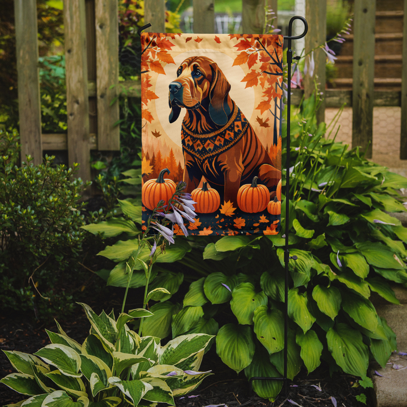 Hanging fall garden flag featuring brown bloodhound, orange leaves, and pumpkins