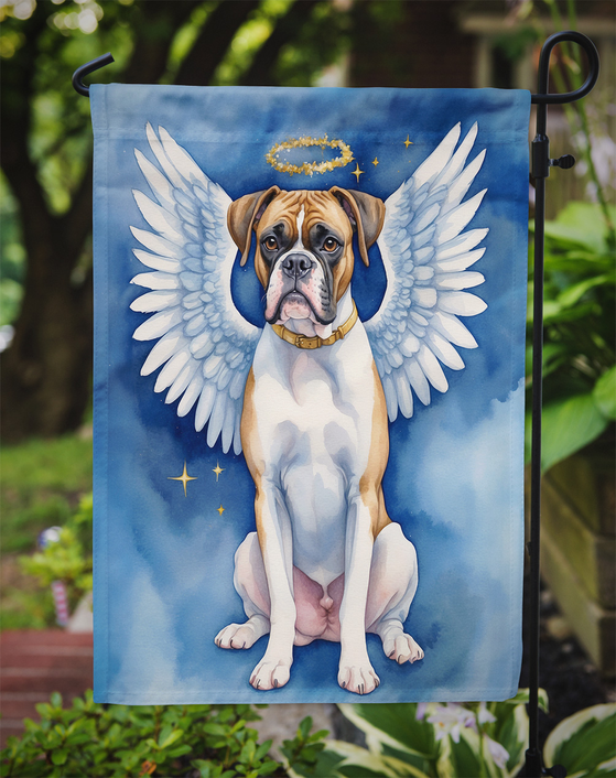 Boxer dog angel garden flag on a yard stake with wings and halo