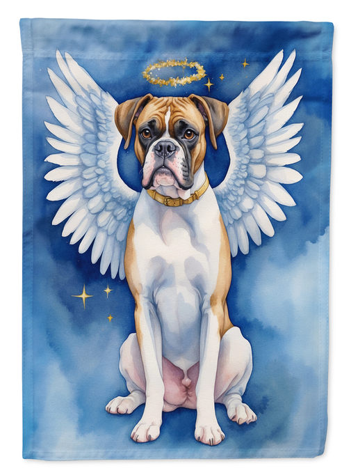 Boxer dog angel garden flag, close view with angelic wings and halo