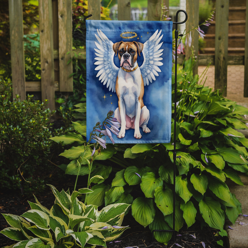 Boxer dog angel garden flag with white wings on blue background