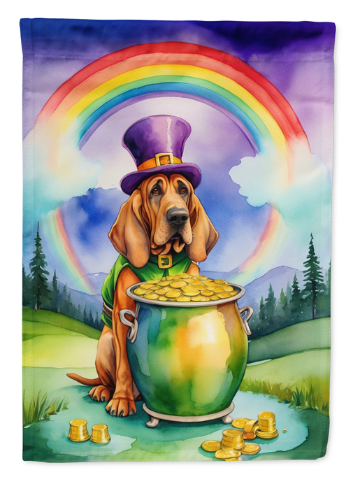 Garden flag flat view: bloodhound in purple hat holding green pot of gold beneath rainbow