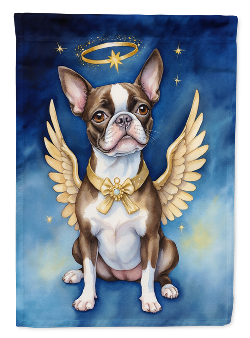 Boston terrier garden flag close-up, tan dog with golden halo and angel wings