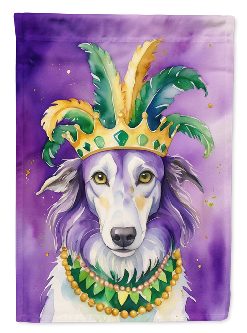 Mardi Gras garden flag close-up of crowned borzoi face with green bead necklace