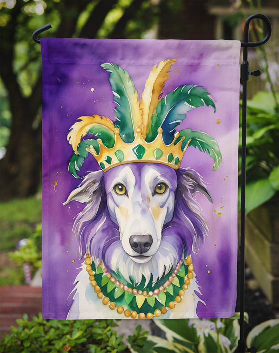 Mardi Gras garden flag featuring a purple-crowned borzoi with green and gold fleur-de-lis