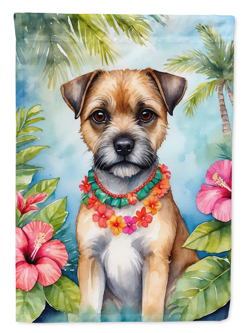 Tropical Border Terrier garden flag with floral lei and hibiscus