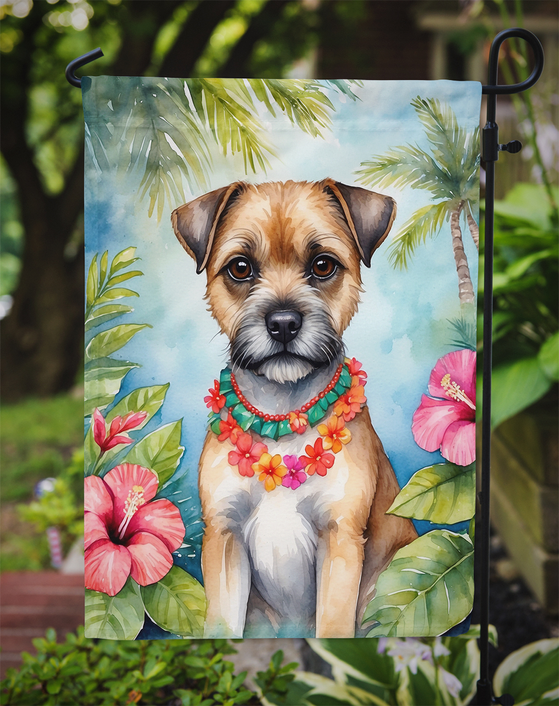 Border Terrier tropical garden flag close-up on outdoor stake