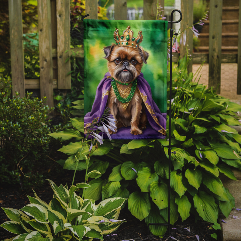 Garden flag featuring crowned Brussels Griffon in purple robe displayed outdoors