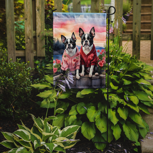 Boston Terrier garden flag with two dogs in pink and red sweaters on scenic backdrop