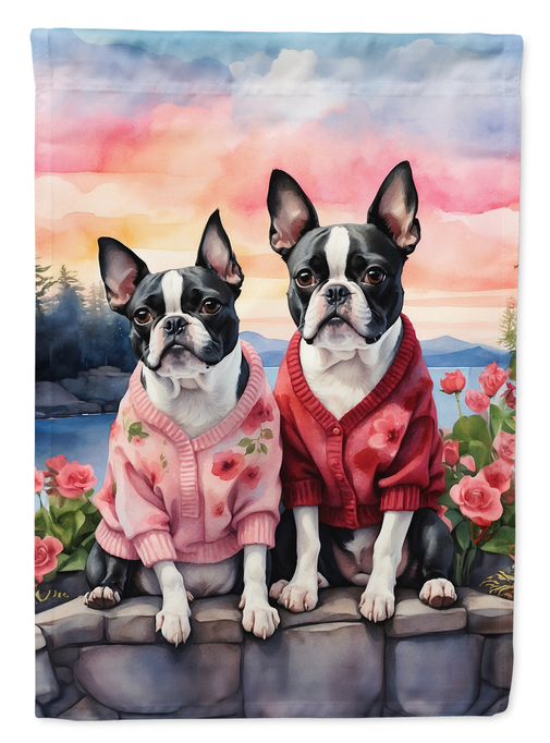 Two Boston terrier garden flag with dogs sitting on stone wall, tulips and flowers border