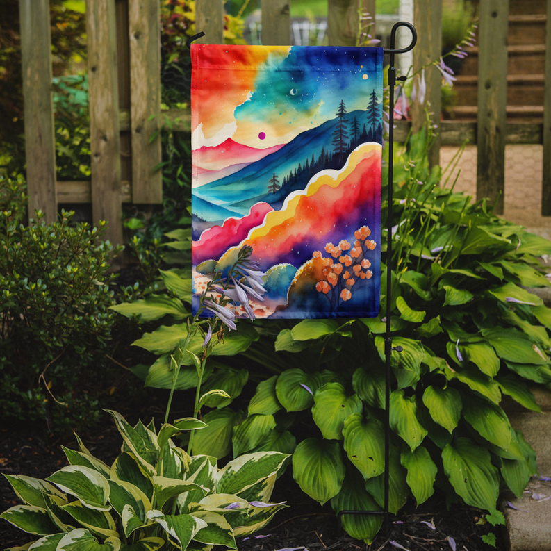 Garden flag on a metal stake, watercolor mountain landscape with autumn trees