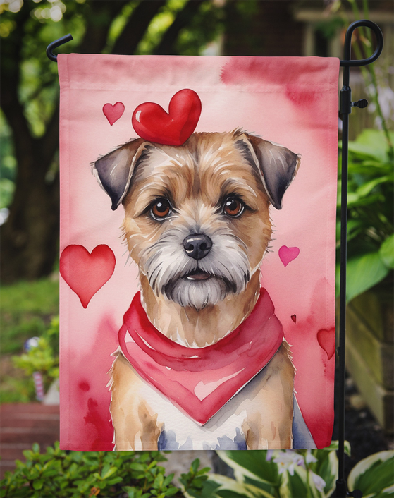 Border terrier Valentine garden flag on outdoor stake with red hearts