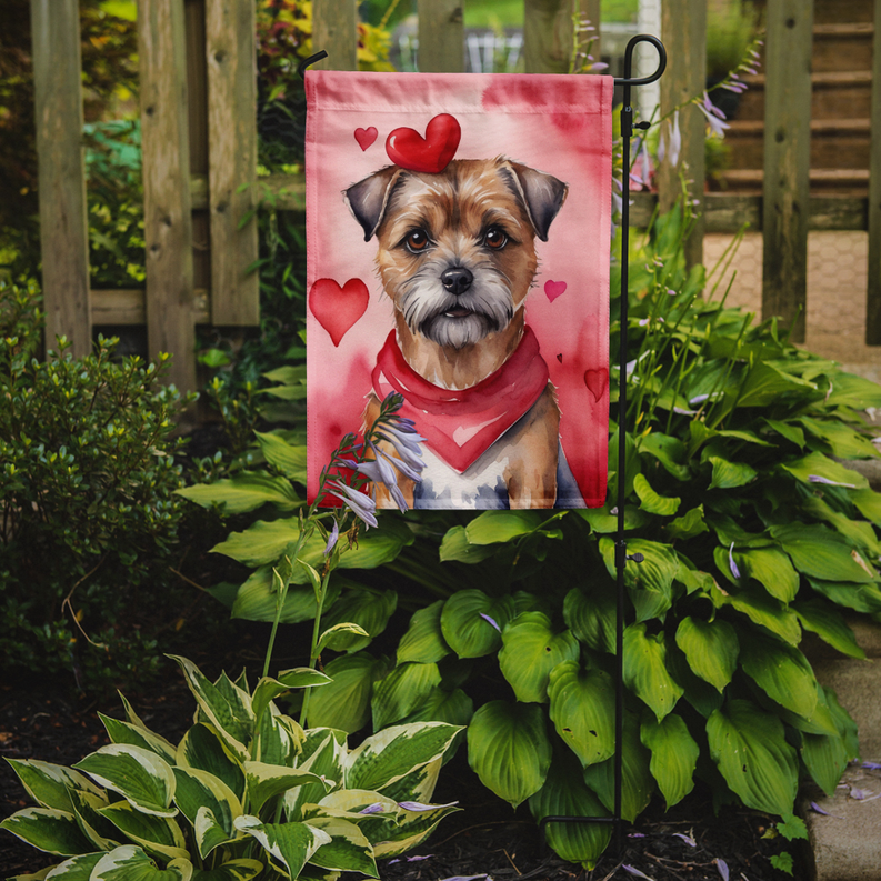 Border terrier Valentine's garden flag featuring red hearts and bandana