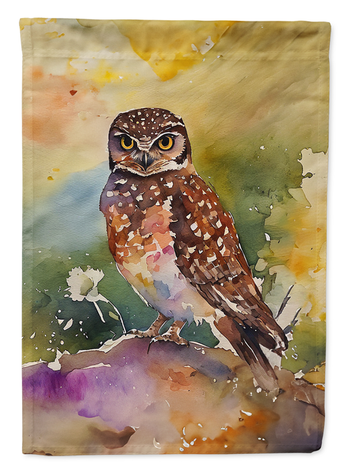 Garden flag with full watercolor burrowing owl artwork, surrounded by splashes of color