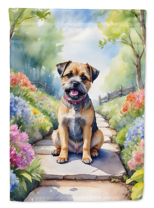 Garden flag featuring Border Terrier on spring garden path illustration