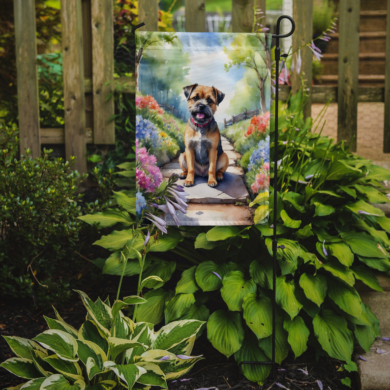 Hanging garden flag with Border Terrier spring path artwork