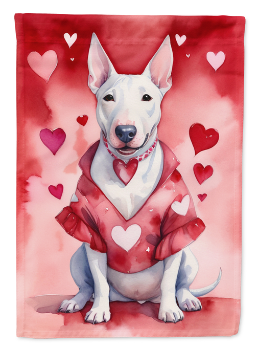 Valentine garden flag with white bull terrier and pink watercolor hearts