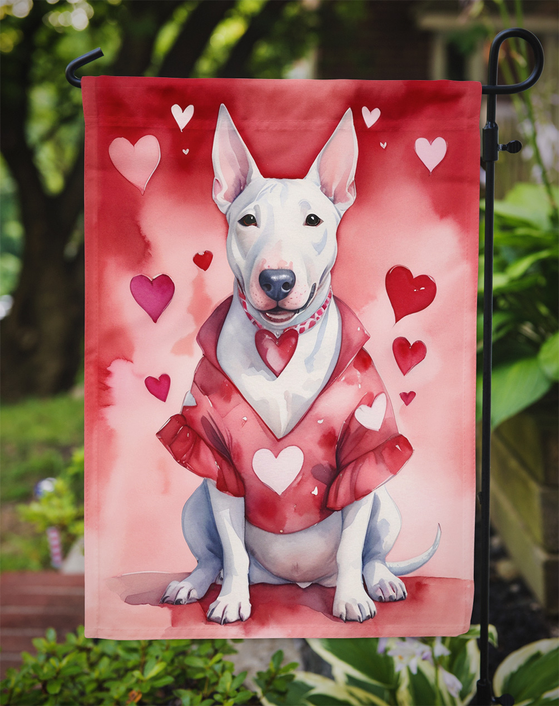Valentine garden flag with white bull terrier surrounded by red and pink hearts