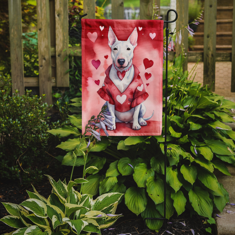 Valentine garden flag with white bull terrier and hearts, shown on yard stake