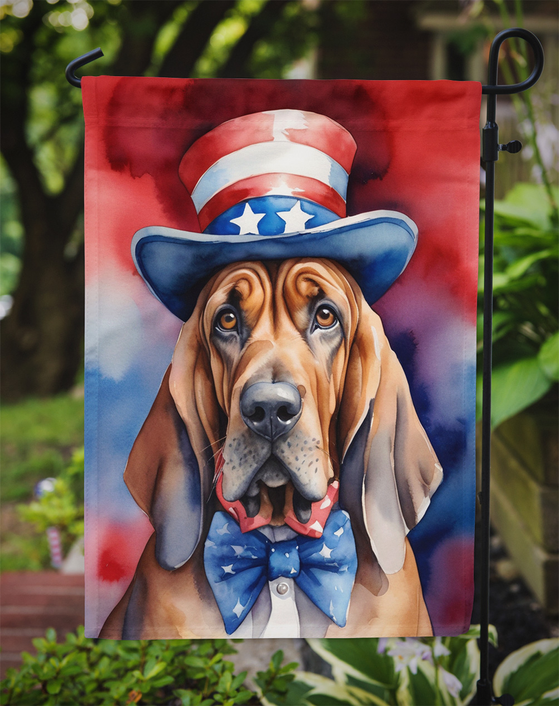 Patriotic garden flag with close-up brown dog face and Uncle Sam hat