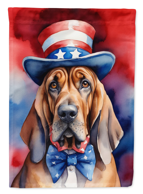 Patriotic garden flag showing brown dog in Uncle Sam hat and blue bowtie